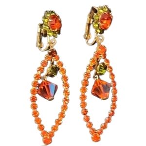 Vintage Rhinestone Orange Green Chandelier Clip On Earrings